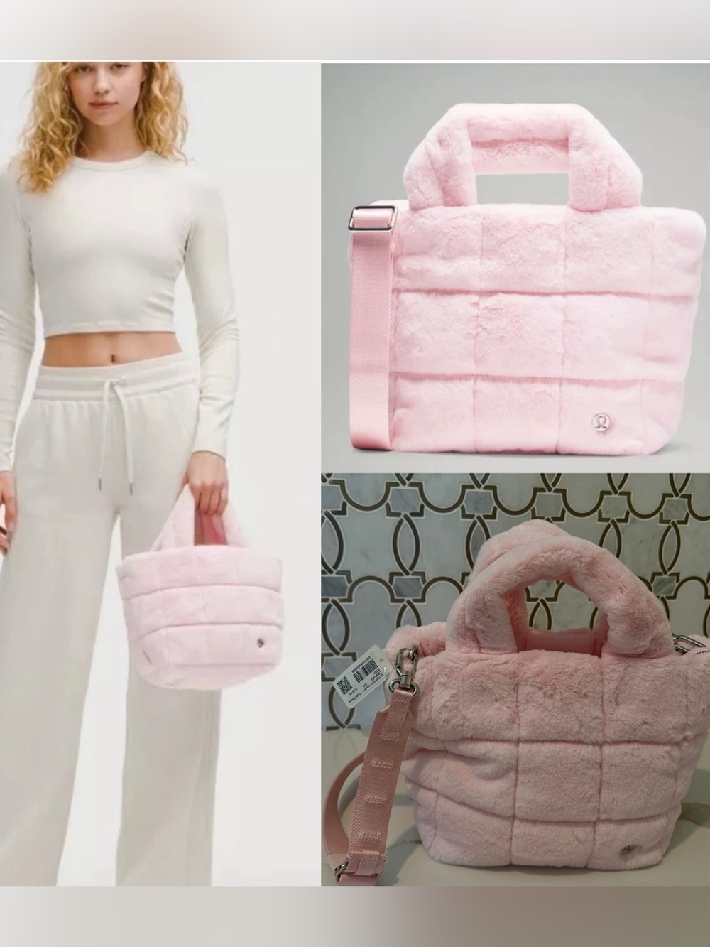 LULULEMON Quilted Grid Tote Bag Mini 5L Strawberry Milk Plush Fleece Pink NWT